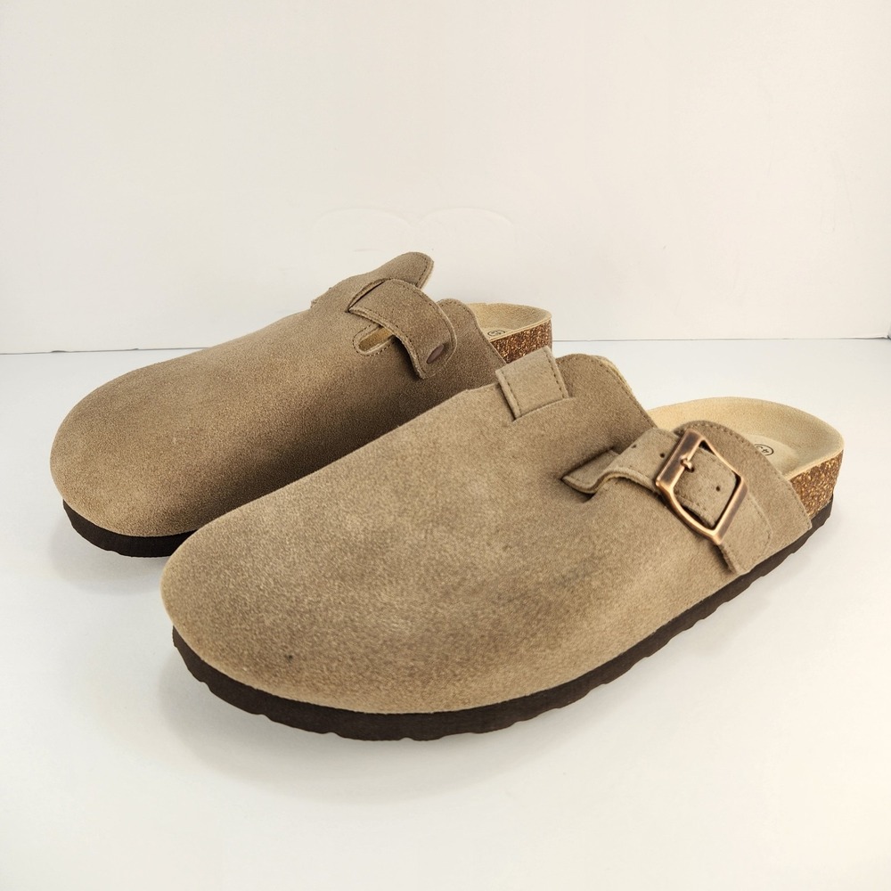 qomfort Women's 43, W12 M10, Beige Suede Clog Mules Cork Footbed Comfort Slip On